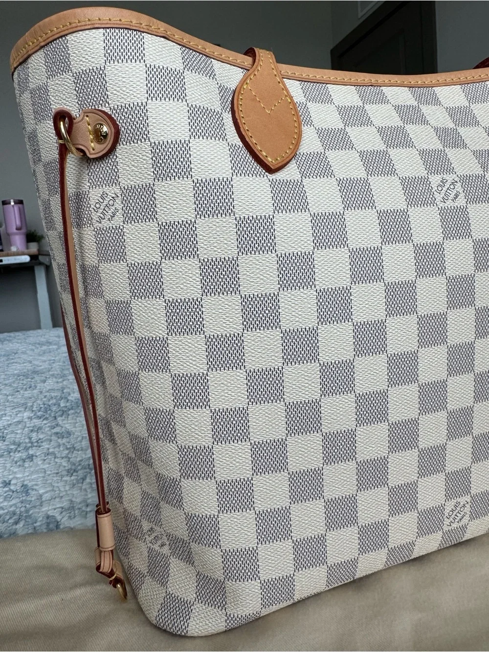 Louis Vuitton Neverfull MM Tote in Damier Azur with Rose Ballerine Interior